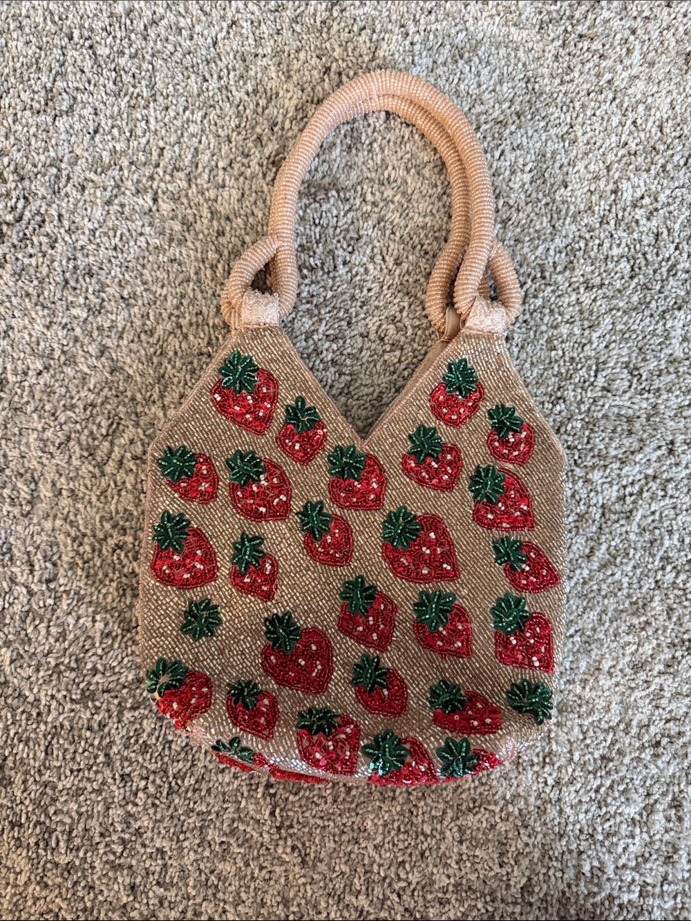 Beaded Strawberry Tote Bag in Tan and Red